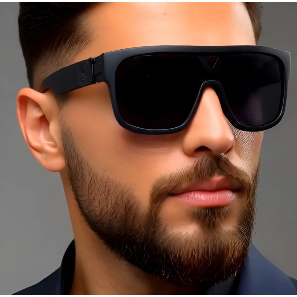 Flat Top Sunglasses Men's Fashion Oversized Square Frame‎ Dark Black Lens Luxury